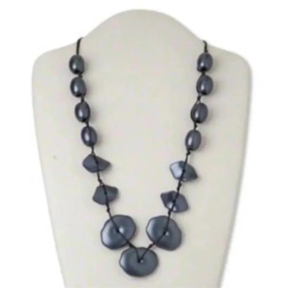 Mid Century Style Gray-Blue Geometric Oval Satin Metallic Beads Necklace